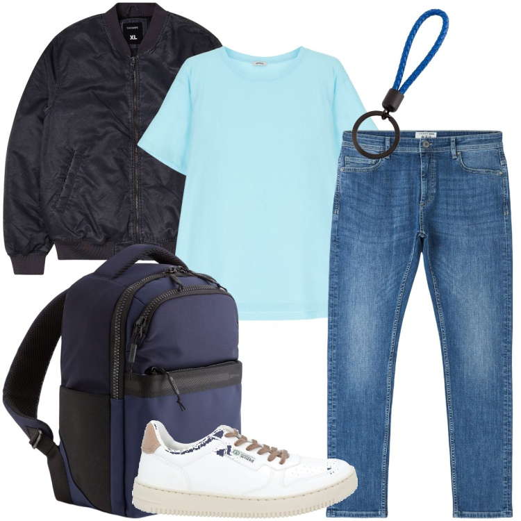 Outfit uomo - Il bomber blu. Stile Casual per Ufficio. Abbinamento con sneakers, bomber, jeans skinny, t-shirt, portachiavi, borse sportive.