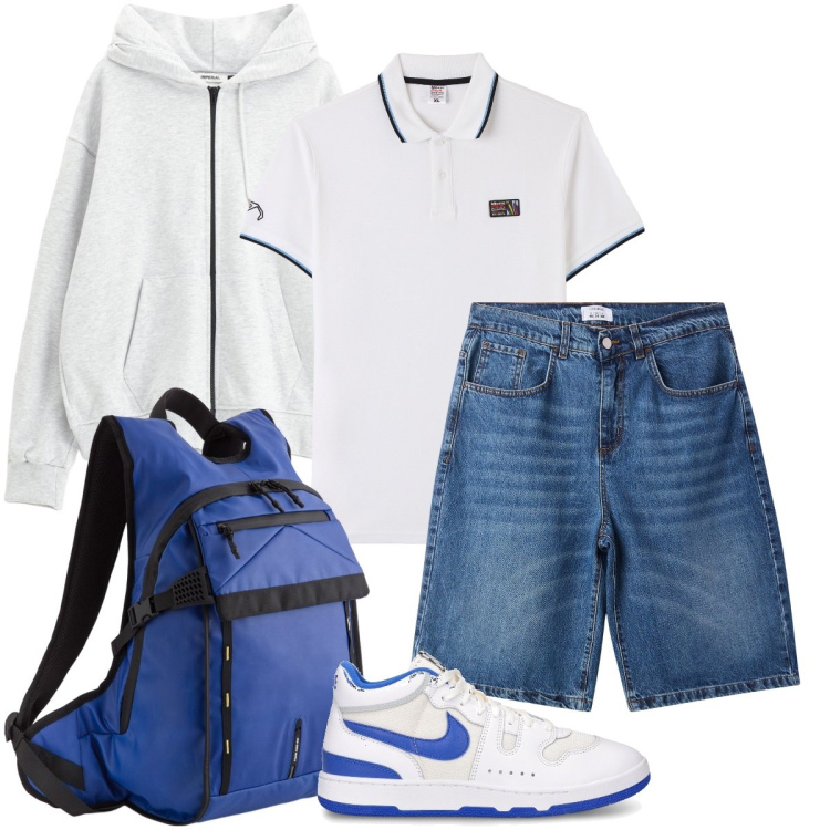 Outfit uomo - Due tiri al canestro. Stile Urban per Sport. Abbinamento con polo, bermuda, felpe con cappuccio, borse sportive, sneakers.