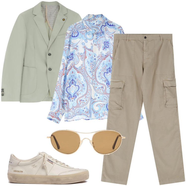 Outfit uomo - La giacca verde menta. Stile Trendy per Ufficio. Abbinamento con giacche, pantaloni cargo, camicie, sneakers, occhiali da sole.