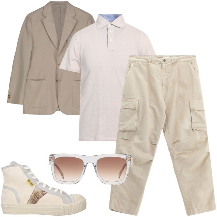 Outfit uomo - Toni chiari. Stile Trendy per Ufficio. Abbinamento con sneakers alte, polo, pantaloni cargo, giacche, occhiali da sole.