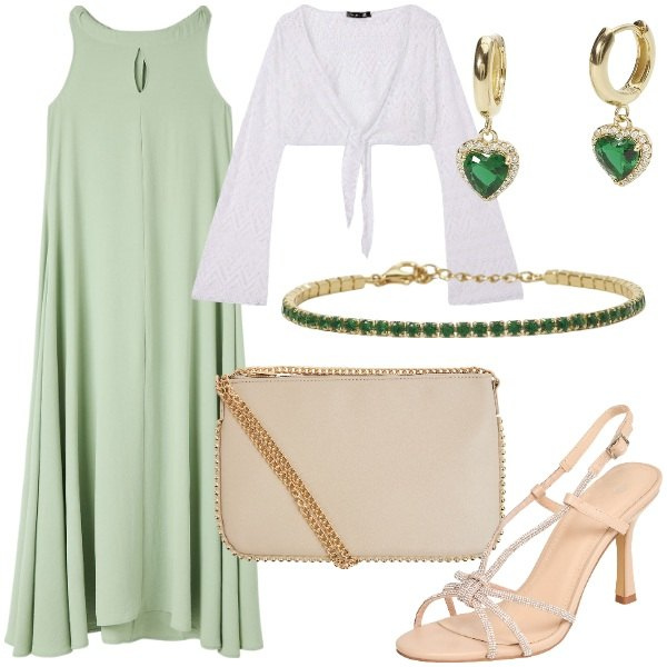 Outfit donna - Terranova - Occasioni speciali. Stile Glamour per Cerimonia. Abbinamento con vestiti senza maniche, borse a tracolla, bolero, sandali col tacco, orecchini, braccialetti.