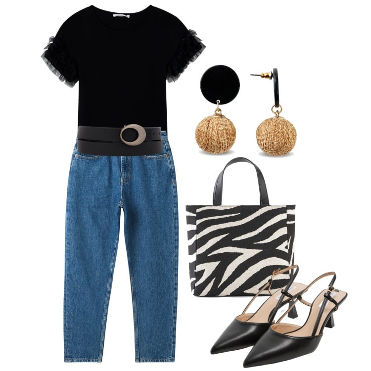 Outfit donna - Soirèe. Stile Casual chic per Serata fuori. Abbinamento con borse a mano, orecchini, t-shirt, jeans mom, sabot, cinture.