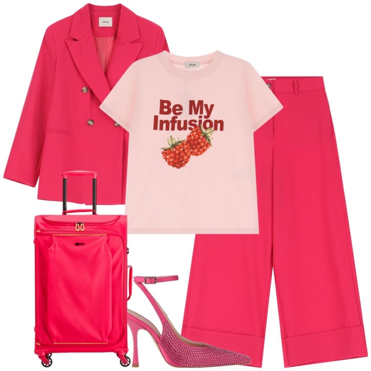 Outfit donna - Total look #2115464. Stile Mannish per Tutti i giorni. Abbinamento con décolleté, pantaloni a palazzo, blazer, t-shirt, valigie.