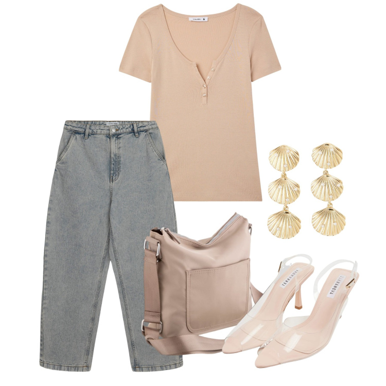 Outfit donna - Primavera. Stile Casual chic per Tutti i giorni. Abbinamento con jeans, orecchini, t-shirt, sandali col tacco, borse a tracolla.