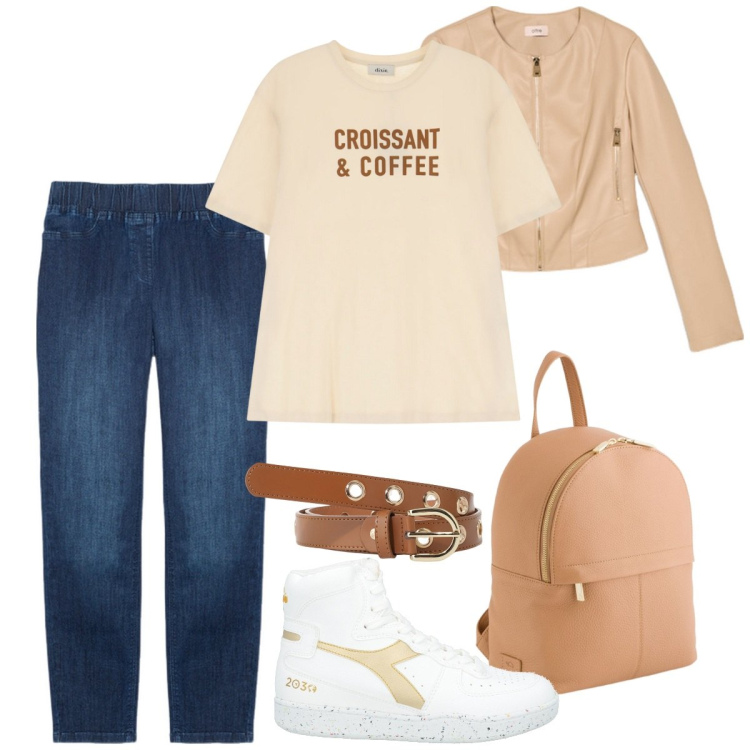 Outfit donna - Total look #2115478. Stile Casual chic per Tutti i giorni. Abbinamento con sneakers alte, cinture, t-shirt, jeggings, giacche, zaini.