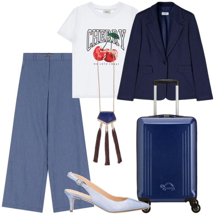 Outfit donna - Total look #2115480. Stile Casual chic per Tutti i giorni. Abbinamento con décolleté, pantaloni, t-shirt, valigie, ciondoli, blazer.