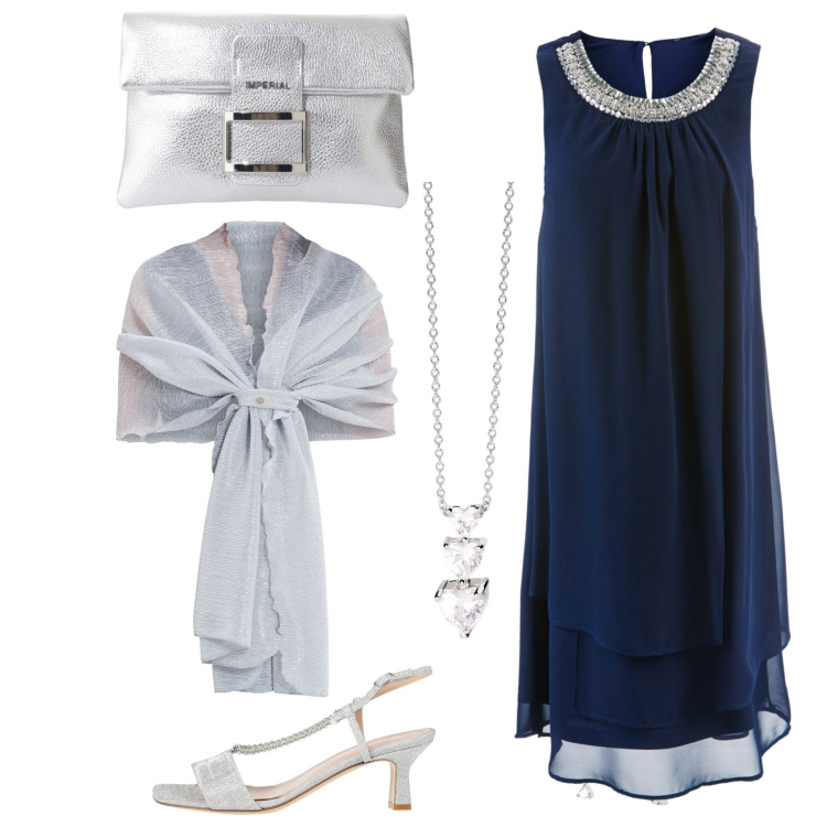 Outfit donna - Collana taglio cuore su abito blu. Stile Bon Ton per Cerimonia. Abbinamento con vestiti, sandali in pelle, orecchini, collane, stole, pochette.