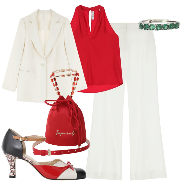 Outfit donna - 25 aprile. Stile Urban per Tutti i giorni. Abbinamento con anelli, top, blazer, pantaloni, borse a secchiello, décolleté.