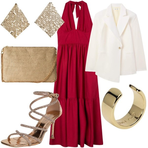 Outfit donna - Occasioni speciali Terranova. Stile Glamour per Cerimonia. Abbinamento con sandali col tacco, blazer, borse a tracolla, vestiti lunghi, orecchini, orecchini.
