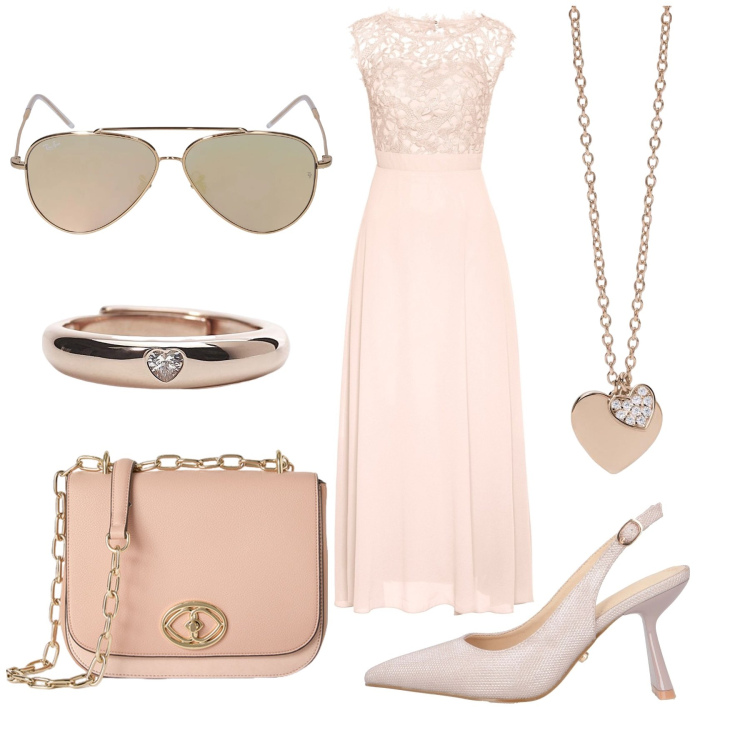 Outfit donna - Il vestito lungo. Stile Chic per Cerimonia. Abbinamento con vestiti lunghi, décolleté, anelli, ciondoli, occhiali da sole, borse a tracolla.