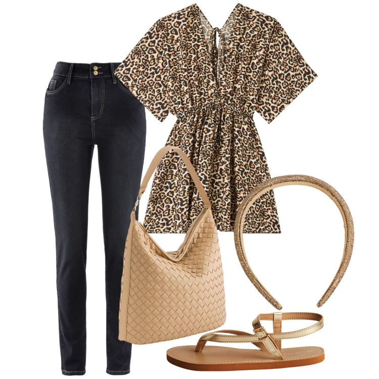 Outfit donna - Leo. Stile Casual chic per Tutti i giorni. Abbinamento con jeans, caftani, cerchietti, ciabatte, borse a tracolla.
