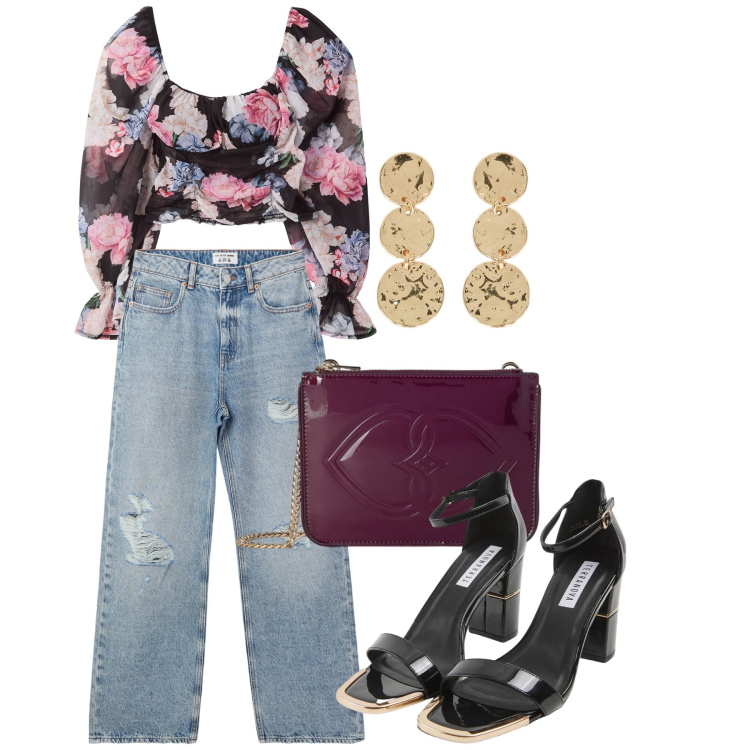 Outfit donna - Fine aprile. Stile Casual chic per Tutti i giorni. Abbinamento con bluse, sabot, jeans strappati, orecchini, pochette.