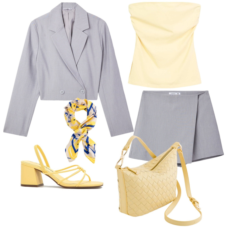Outfit donna - Giacca cropped. Stile Chic per Cerimonia. Abbinamento con sandali col tacco, minigonne, blazer, top, foulard, borse a tracolla.