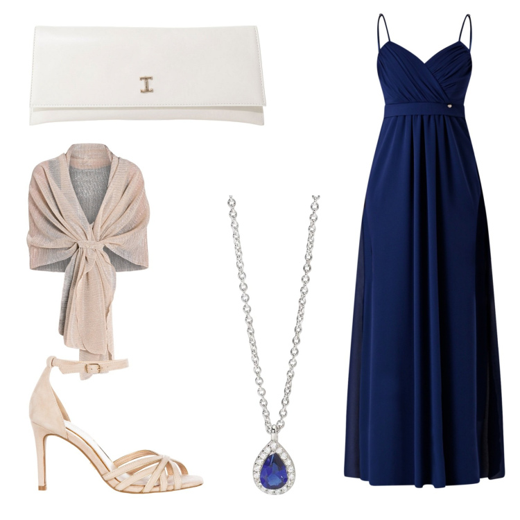 Outfit donna - Cerimonia. Stile Chic per Cerimonia. Abbinamento con collane, stole, sandali col tacco, vestiti lunghi, pochette.