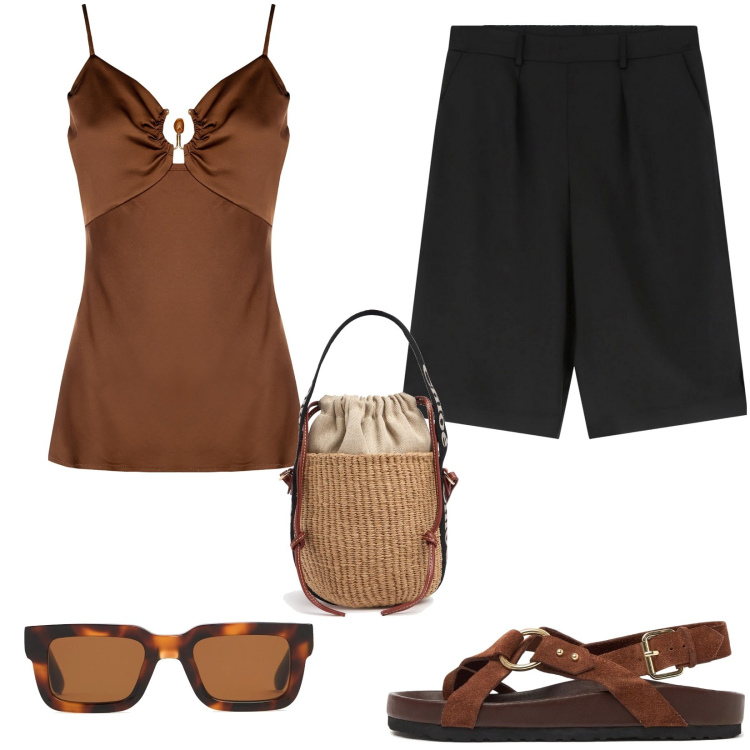 Outfit donna - Aperitivo in spiaggia. Stile Casual chic per Tutti i giorni. Abbinamento con bermuda, top, borse a mano, occhiali da sole, sandali in pelle.