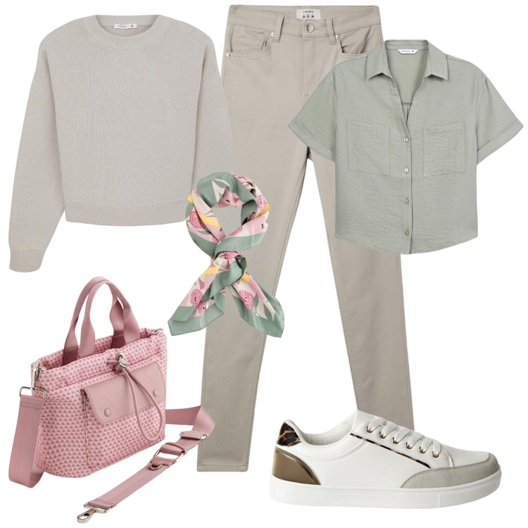 Outfit donna - A scuola. Stile Casual chic per Scuola/Università. Abbinamento con sneakers, camicie a manica corta, pantaloni skinny, maglieria, borse a mano, foulard.