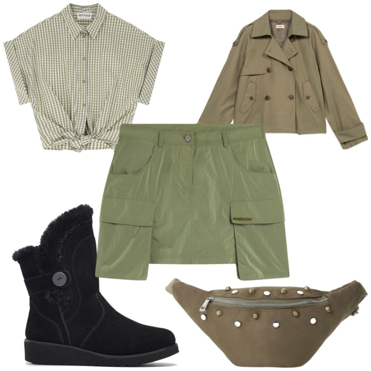 Outfit donna - Total look #2115519. Stile Military per Tutti i giorni. Abbinamento con stivali, minigonne, marsupi, camicie, trench.