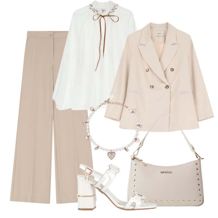 Outfit donna - Ufficio primavera. Stile Glamour per Ufficio. Abbinamento con sandali col tacco, borse a spalla, pantaloni, braccialetti, blazer, bluse.