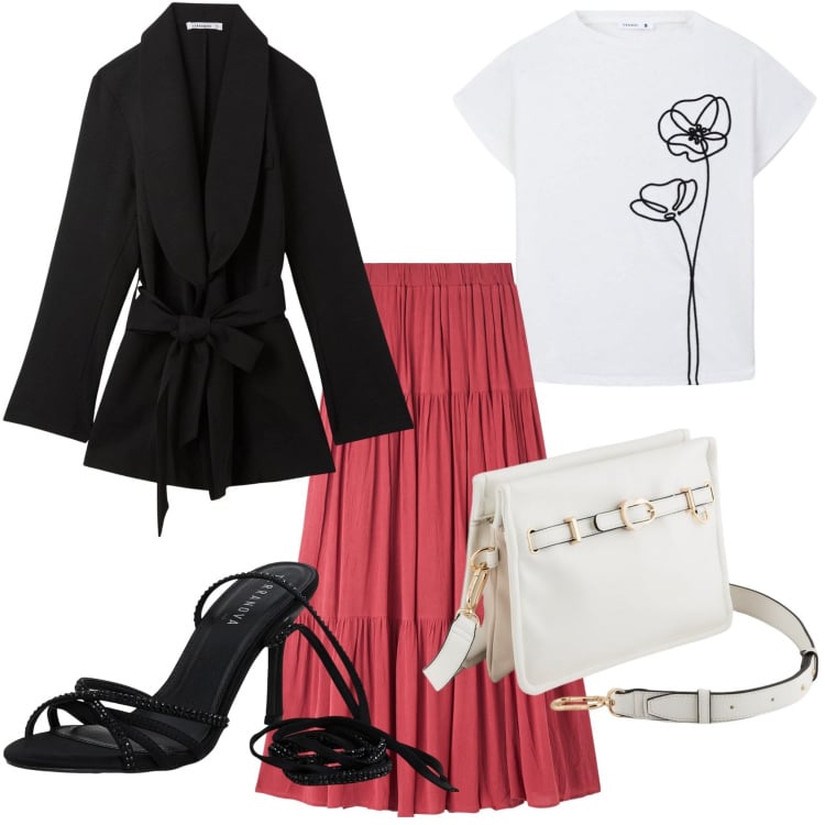 Outfit donna - Invito a cena. Stile Minimal per Serata fuori. Abbinamento con t-shirt, gonne lunghe, sandali alla schiava, blazer, borse a tracolla.