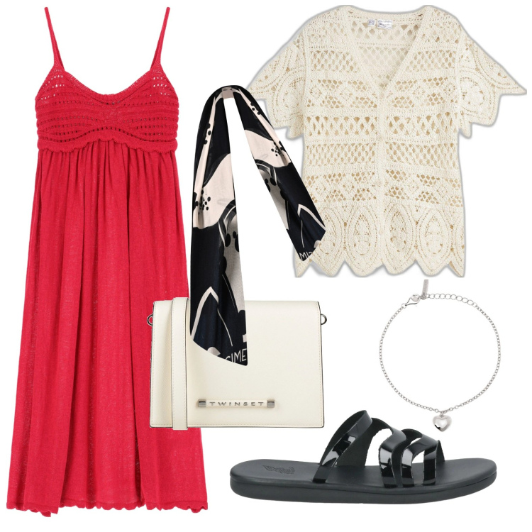 Outfit donna - L\'abito fresco. Stile Glamour per Tutti i giorni. Abbinamento con cardigans, sandali in pelle, borse a tracolla, braccialetti con ciondoli, sciarpe, vestiti.