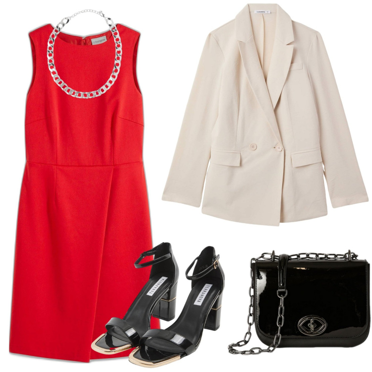 Outfit donna - Tubino bon ton. Stile Glamour per Ufficio. Abbinamento con vestiti a tubino, collane, blazer, sabot, borse a tracolla.
