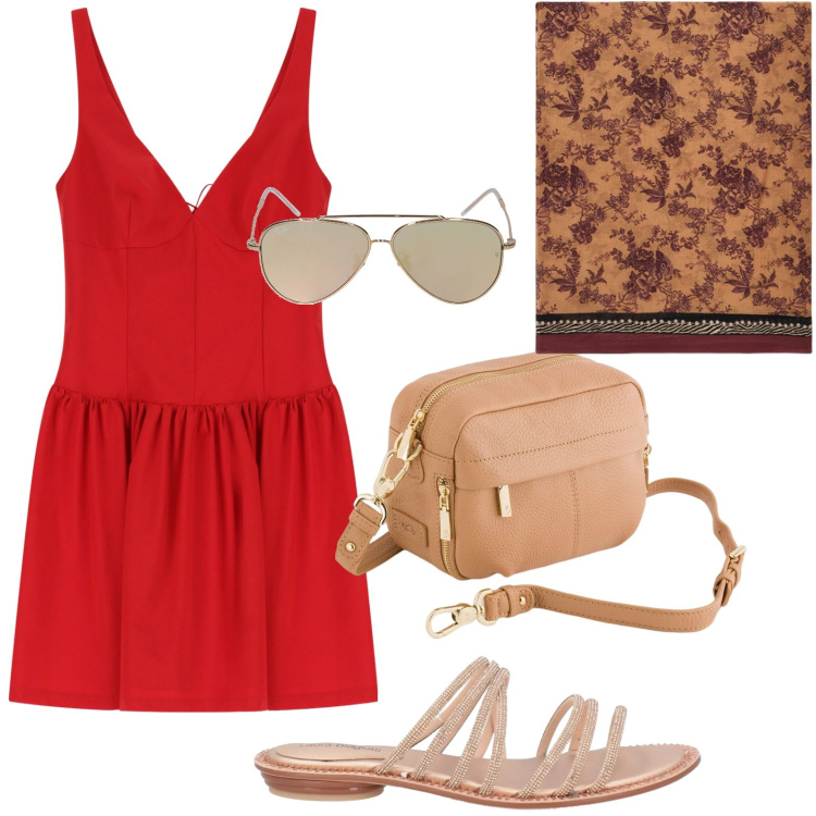 Outfit donna - L\'abito minimal. Stile Minimal per Tutti i giorni. Abbinamento con sandali, vestiti corti, borse a tracolla, occhiali da sole, foulard.
