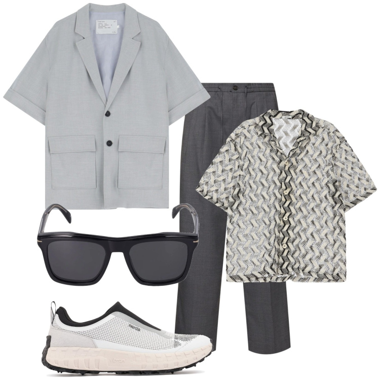 Outfit uomo - Total look #2115540. Stile Trendy per Tutti i giorni. Abbinamento con giacche, camicie a manica corta, pantaloni, occhiali da sole, sneakers.