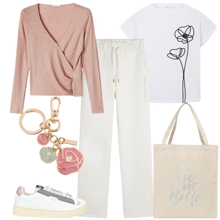 Outfit donna - Total look #2115551. Stile Sporty chic per Tutti i giorni. Abbinamento con sneakers, borse tote, t-shirt, pantaloni, maglieria, portachiavi.