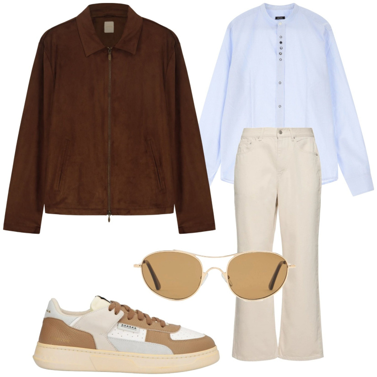 Outfit uomo - Simil camoscio. Stile Trendy per Tutti i giorni. Abbinamento con sneakers, camicie, giacche, jeans, occhiali da sole.