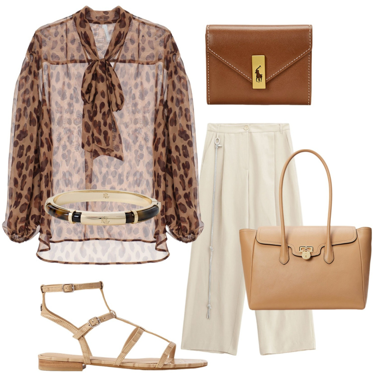 Outfit donna - Urban Edge. Stile Casual chic per Ufficio. Abbinamento con camicie, pantaloni, portafogli, borse a mano, sandali alla schiava, braccialetti.
