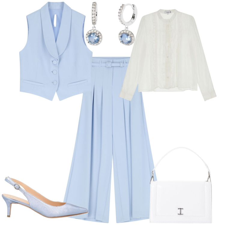 Outfit donna - Evento serata cerimonia. Stile Chic per Cerimonia. Abbinamento con décolleté, orecchini, camicie, pantaloni, borse a tracolla, gilet.