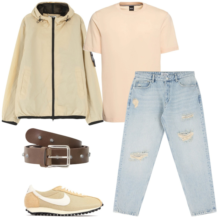 Outfit uomo - Tutti i giorni. Stile Casual per Tutti i giorni. Abbinamento con giacche, cinture, jeans strappati, sneakers, t-shirt.