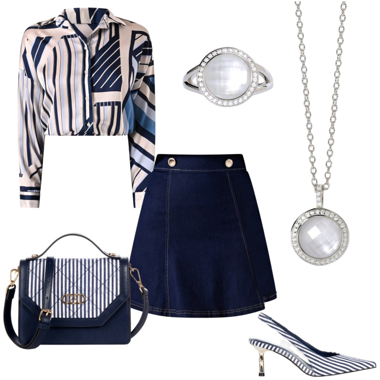 Outfit donna - Gonna in denim e camicia in raso. Stile Casual chic per Tutti i giorni. Abbinamento con borse a mano, décolleté, minigonne, camicie, anelli, collane.