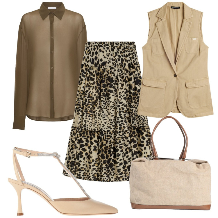 Outfit donna - Total look #2115570. Stile Trendy per Tutti i giorni. Abbinamento con borse a mano, décolleté, gilet, gonne lunghe, camicie.