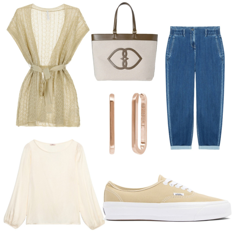 Outfit donna - Relax. Stile Casual per Tutti i giorni. Abbinamento con orecchini, cappotti, jeans, bluse, shopping bag, sneakers.