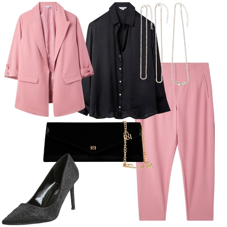 Outfit donna - Cerimonia-serata-evento speciale. Stile Mannish per Cerimonia. Abbinamento con décolleté, blazer, pantaloni chino, camicie, collane, pochette.