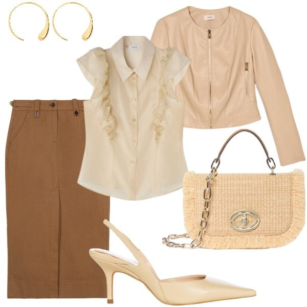 Outfit donna - Serata tra amici. Stile Casual chic per Serata fuori. Abbinamento con décolleté, giacche, borse a tracolla, camicie, orecchini, gonne.