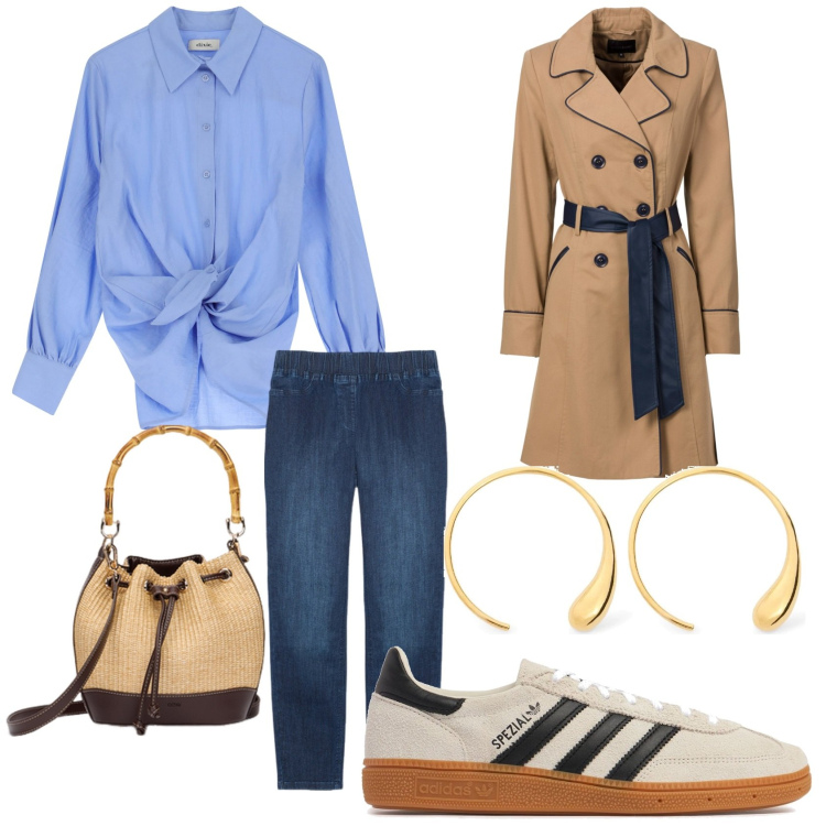 Outfit donna - Primavera sportiva. Stile Glamour per Tutti i giorni. Abbinamento con trench, camicie, jeggings, sneakers, orecchini, borse a secchiello.