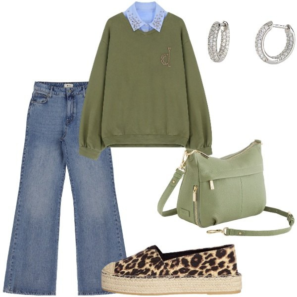 Outfit donna - A spasso per la città. Stile Casual per Tutti i giorni. Abbinamento con espadrillas, orecchini, jeans, felpe, borse a tracolla.