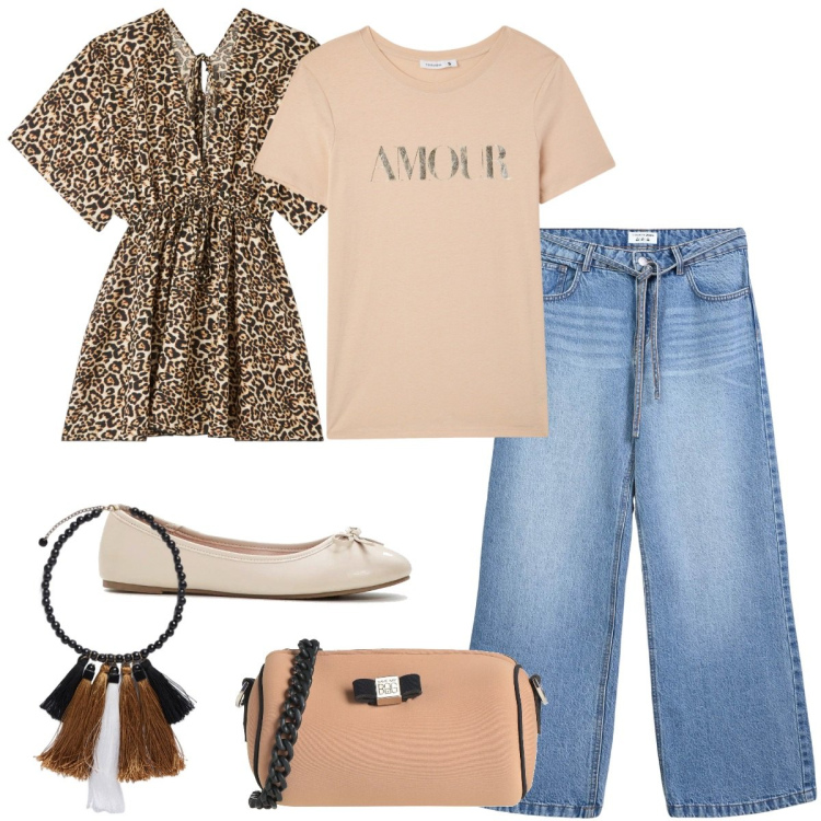 Outfit donna - Il caftano animalier. Stile Casual chic per Tutti i giorni. Abbinamento con ballerine, borse a tracolla, t-shirt, jeans, caftani, collane.