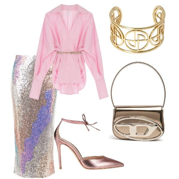 Outfit donna - Compleanno tra amici. Stile Glamour per Serata fuori. Abbinamento con décolleté, camicie, gonne longuette, braccialetti, borse a spalla.