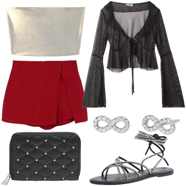 Outfit donna - Terranova Serata speciale. Stile Glamour per Serata fuori. Abbinamento con top, gonne, sandali alla schiava, bolero, portafogli, orecchini.
