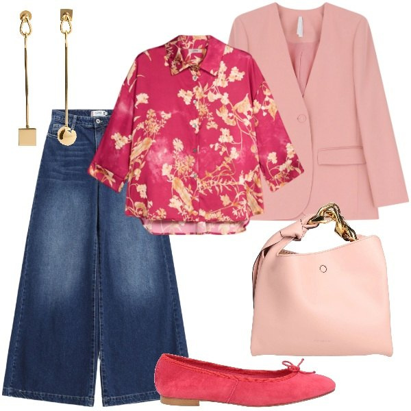 Outfit donna - Colori di Aprile. Stile Casual chic per Tutti i giorni. Abbinamento con borse a mano, ballerine, jeans, blazer, camicie, orecchini.