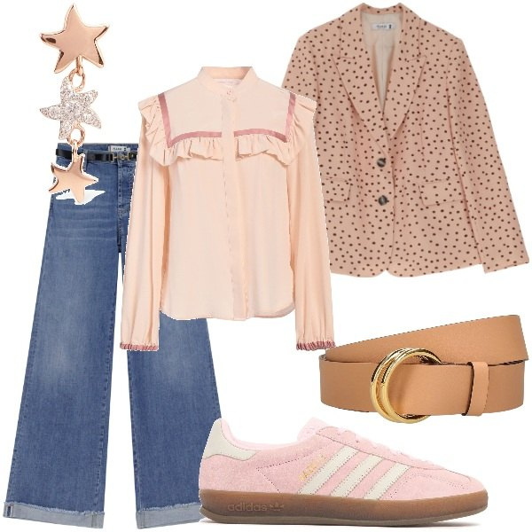 Outfit donna - Domenica mattina. Stile Casual chic per Tutti i giorni. Abbinamento con camicie, blazer, jeans, sneakers, orecchini, cinture.