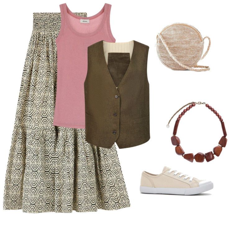 Outfit donna - in giro. Stile Basic per Tutti i giorni. Abbinamento con borse a tracolla, sneakers, gonne lunghe, canottiere, gilet, collane.