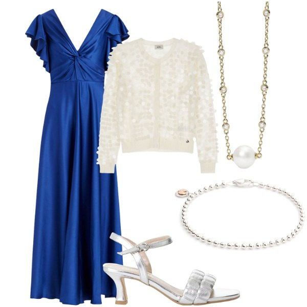 Outfit donna - Cerimonia tra intimi. Stile Glamour per Serata fuori. Abbinamento con collane, vestiti lunghi, sandali col tacco, cardigans, braccialetti.