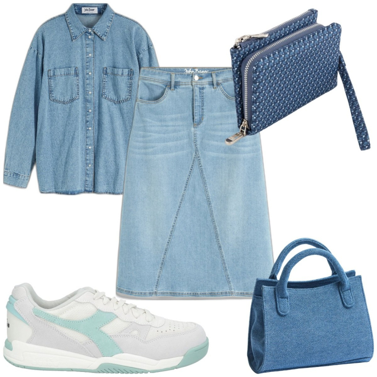 Outfit donna - Total look #2115619. Stile Trendy per Tutti i giorni. Abbinamento con gonne, camicie, sneakers, borse a tracolla, portafogli.
