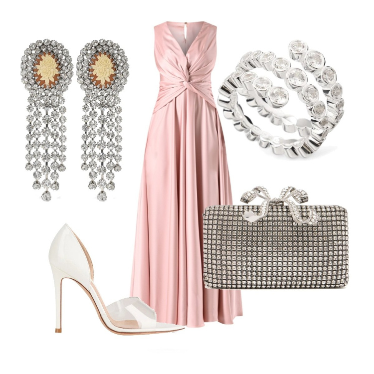 Outfit donna - outfit cerimonia donna. Stile Chic per Cerimonia. Abbinamento con décolleté, vestiti lunghi, anelli, orecchini, pochette.