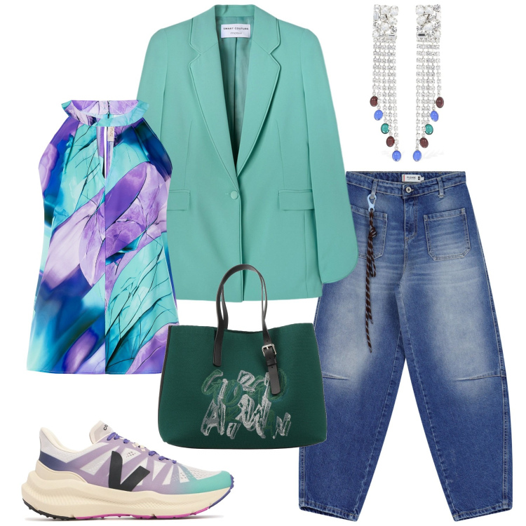 Outfit donna - Total look #2115631. Stile Casual chic per Tutti i giorni. Abbinamento con borse a mano, top, jeans, orecchini, sneakers, blazer.