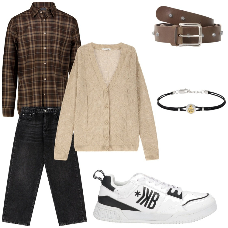 Outfit uomo - Tra terra e nuvola. Stile Urban per Tutti i giorni. Abbinamento con sneakers, braccialetti, cardigans, cinture, jeans dritti, camicie.